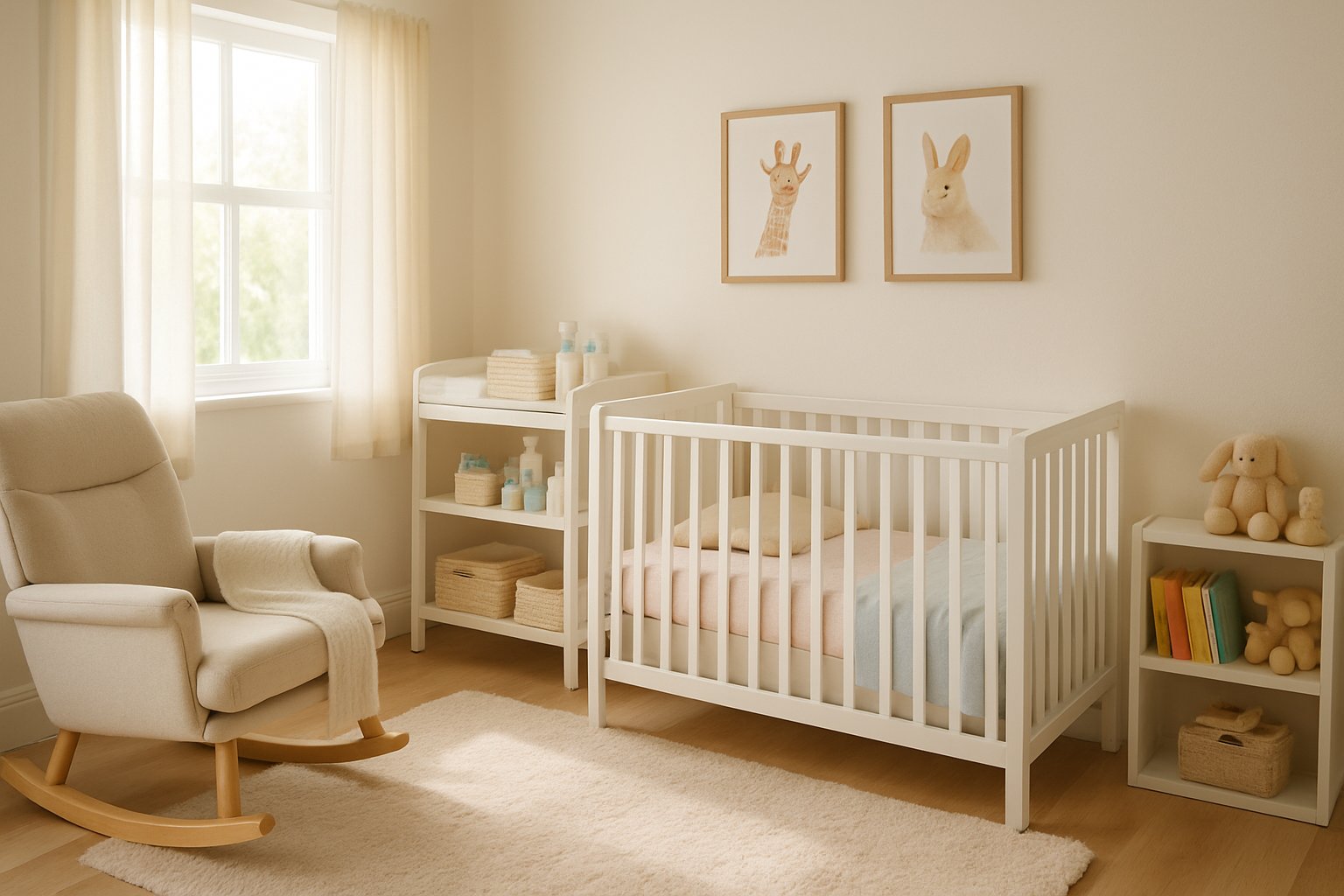 Ein helles und gemütliches Babyzimmer mit einem weißen Kinderbett, Wickeltisch, Schaukelstuhl und Regalen mit Spielzeug und Büchern.