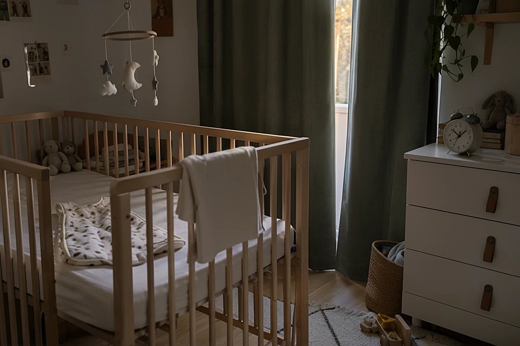 Kinderzimmer am Morgen mit Babybett, Wecker auf der Kommode und Licht durch den Vorhang